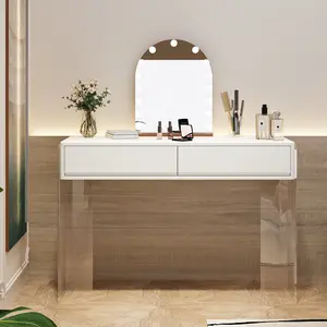 LITTLE TREE Modern Rectangular Makeup Vanity Desk with 2 Drawers and Acrylic Legs, Glossy White Vanity Dressing Table for Bedroom, MDF Material (Without Mirror)