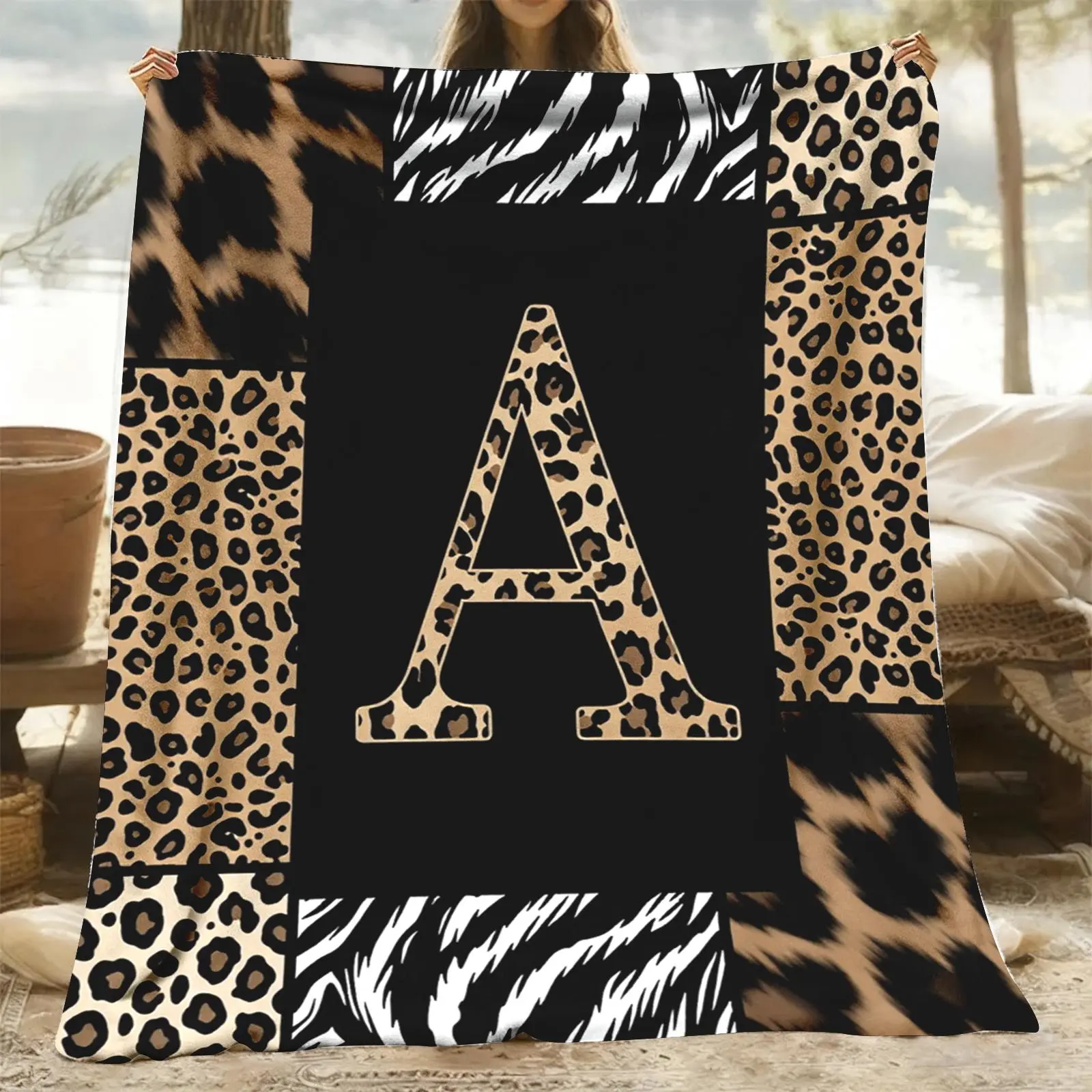 Initial Animal Print Throw Blanket, Leopard Zebra Snake Flannel Blanket, Soft Cozy Warm Throw, Letter A-Z Design, Gift for Her Girlfriend Sister, Trendy Boho Bedroom Living Room Couch Decor, Animal Inspired Throws, Leopard Throws