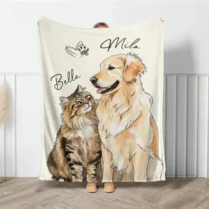 Personalized Watercolor Photo Pet Blanket, Pet Portrait Blanket Gift for Cat and Dog Lovers, Pet Memorial Gift.A Great Valentine's Day Gift