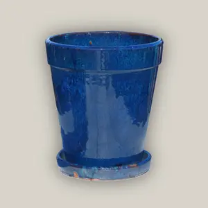 322M20 - Double Blue Round Ceramic Planter with Saucer