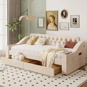 Twin Size Daybed with 2 Drawers and USB Port, Upholstered Daybed with Storage Armrests, Velvet Tufted Sofa Bed for Bedroom, Living Room