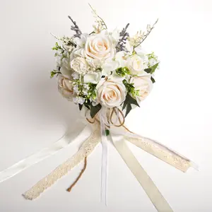 10.5in Wedding Bouquets for Bride Bridesmaid, White Champagne Artificial Roses Flowers with Ribbon Bow for Wedding Prom Church Decoration, Ceremony, Anniversary