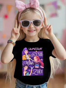 Kpop Hunter Girl Cartoon Print Girls Casual Sports Short Sleeve, Funny Graphic Tee, Comfortable Soft Fabric, Youth Fashion Sportswear, Perfect Gift for Kids, Graphic Printed Tee