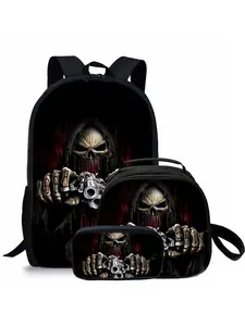 Skull pattern printed 17-inch backpack three-piece set (single-layer backpack + shoulder strap round lunch bag + single-layer pencil bag)