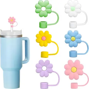 6pcs Reusable Airtight Washable Straw Cover Caps, 0.4in Diameter Dust-Proof Toppers for Stanley Cup, Travel Tumbler & Simple Modern Tumbler with Lid and Straws (Flower Set)