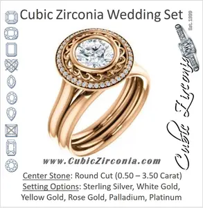 CZ Wedding Set, featuring The Bessie engagement ring (Customizable Cathedral-Bezel Round Cut Design with Flowery Filigree and Halo)