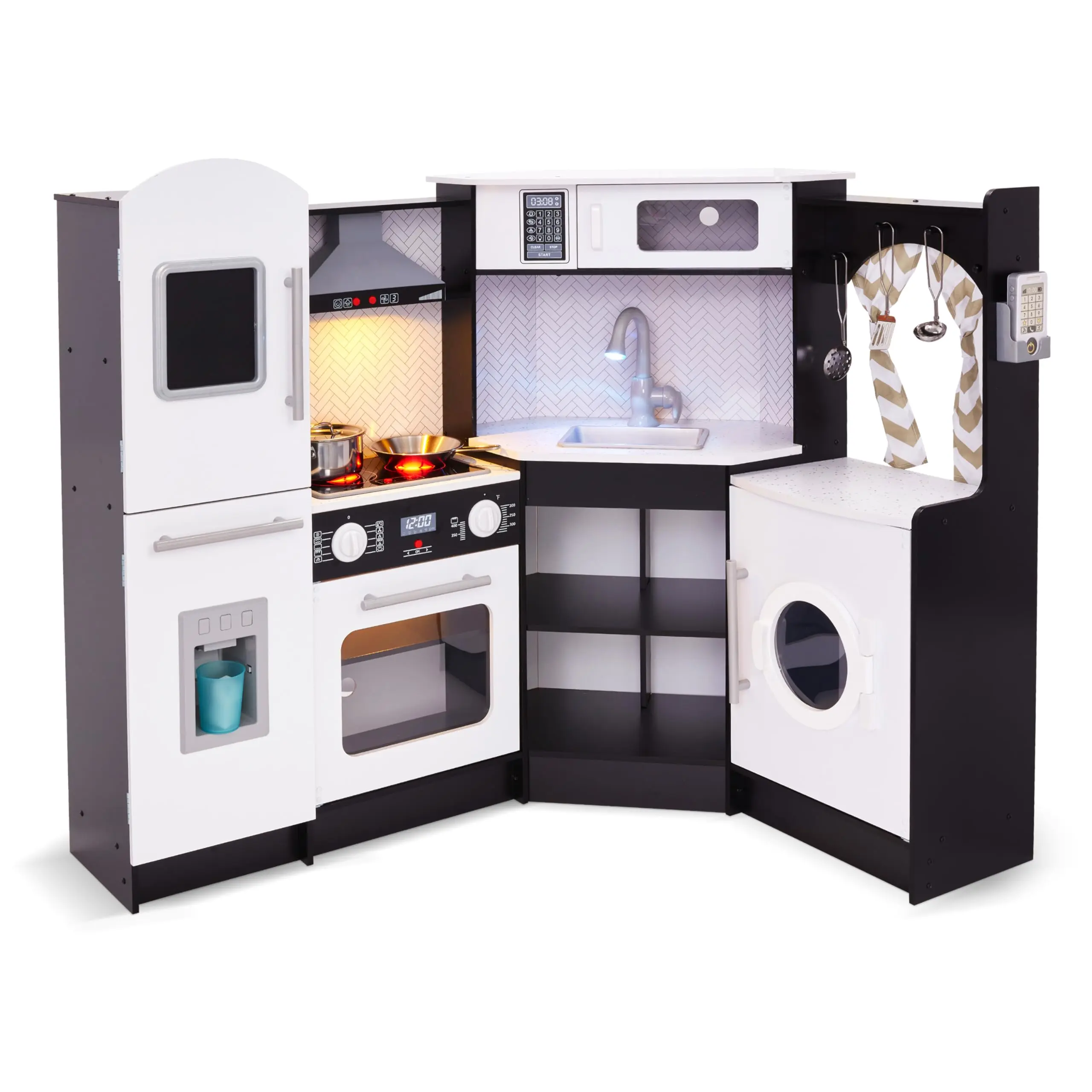 Lil' Jumbl Kids Corner Kitchen Set, Pretend Wooden Deluxe Play Kitchen, Battery Operated Icemaker, Stovetop & Faucet with Realistic Sound - Black