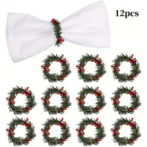 Set of 12 Christmas napkin rings, pine wreaths with red berries napkin holders, suitable for winter, family gatherings, parties, and Christmas napkin decoration, for table settings