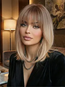 Women's Medium Straight Wig with Bangs, Natural Look Synthetic Heat Resistant Fiber, Perfect for Daily Party Use, Synthetic Material Wigs