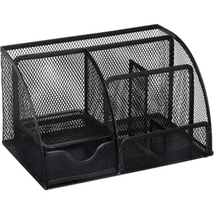 Mesh Desk Organizer Office & Dorm Room Supplies Caddy, 6 Compartments, Small Black Desk Organizer for Pen, Pencil, Small Office Supplies and Stationary Accessories Storage Organization