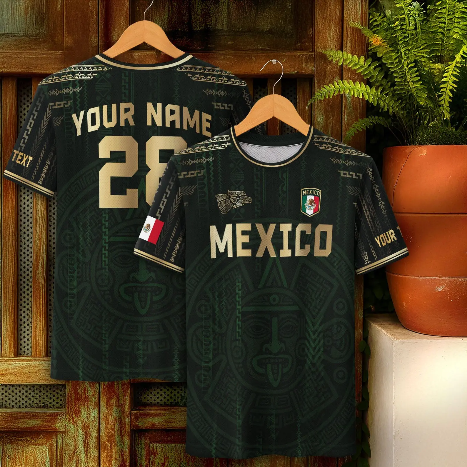 Personalized Mexico Aztec Soccer Jersey, Custom Name and Number Mexican Football Shirt, Dark Green Mexico Heritage Jersey, Aztec Calendar Sportswear, Gift for Mexican Soccer Fans