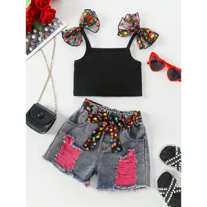 NewGirls' Summer Fashion Set, Polycotton Knit Fabric Top with Solid Color & Colorful Bow Detail, 100% Skinny Denim Shorts with Ripped Design, Non-Stretch Pants Outfit, for Outdoor