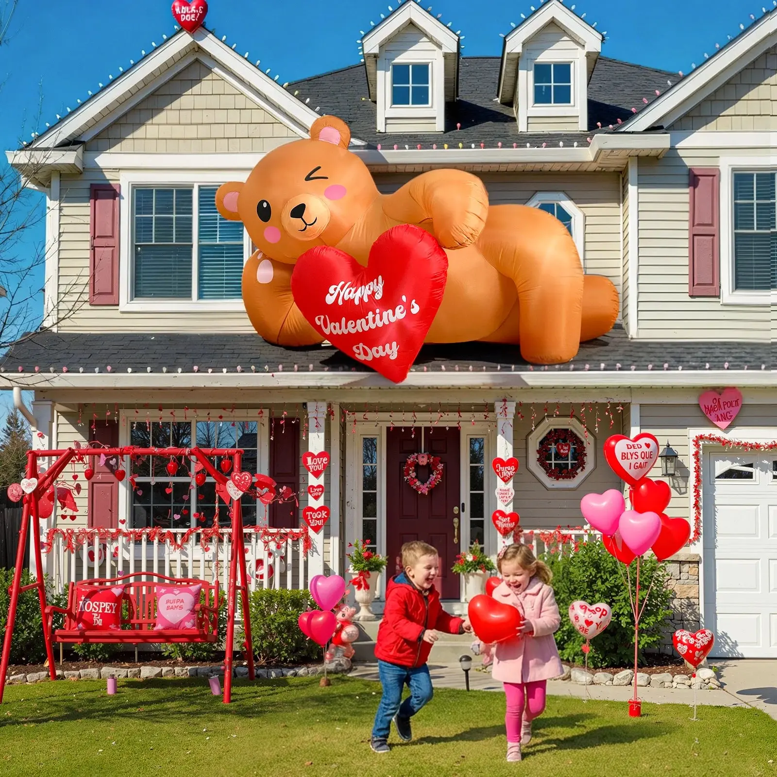 OurWarm 8FT Valentines Inflatables Lying Bear,Romantic Valentines Day Inflatables Outdoor Decor, Valentines Day Blow Up Decor