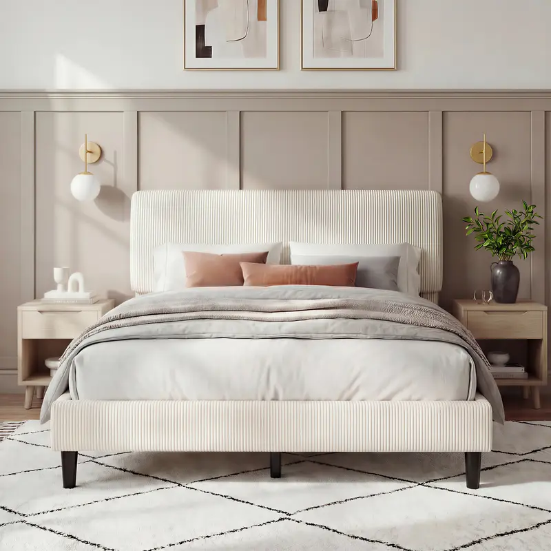 Costoffs Adjustable Chenille Upholstered Bed Frame with Headboard - Multi-Size (Twin, Full, Queen Size Bed Frame, King), Boxspring Free, 450 lb Capacity, 77.4 lb Weight, Easy-to-Assemble Modern Indoor Bedroom Apartment Furniture