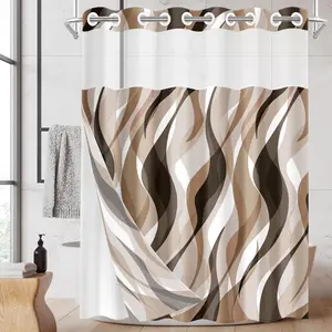 No Hook Brown Shower with Snap in Liner Set, Striped Waterproof with See Through Top Window Open Grommet Bath 71x74 Inch