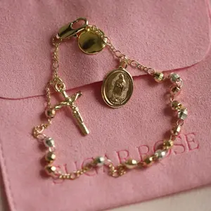 Multi-Color Virgencita Protection Rosary Bracelet - Simple Gold Design with Virgin Mary Charm & Cross Symbolizing Daily Devotion and Spiritual Connection