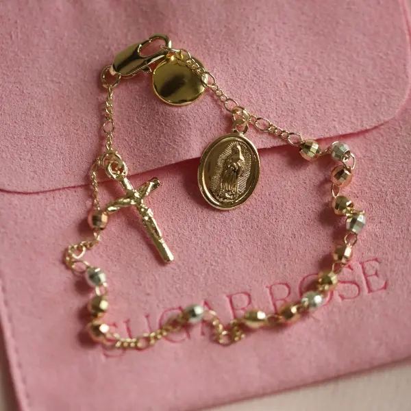 Multi-Color Virgencita Protection Rosary Bracelet - Simple Gold Design with Virgin Mary Charm & Cross Symbolizing Daily Devotion and Spiritual Connection
