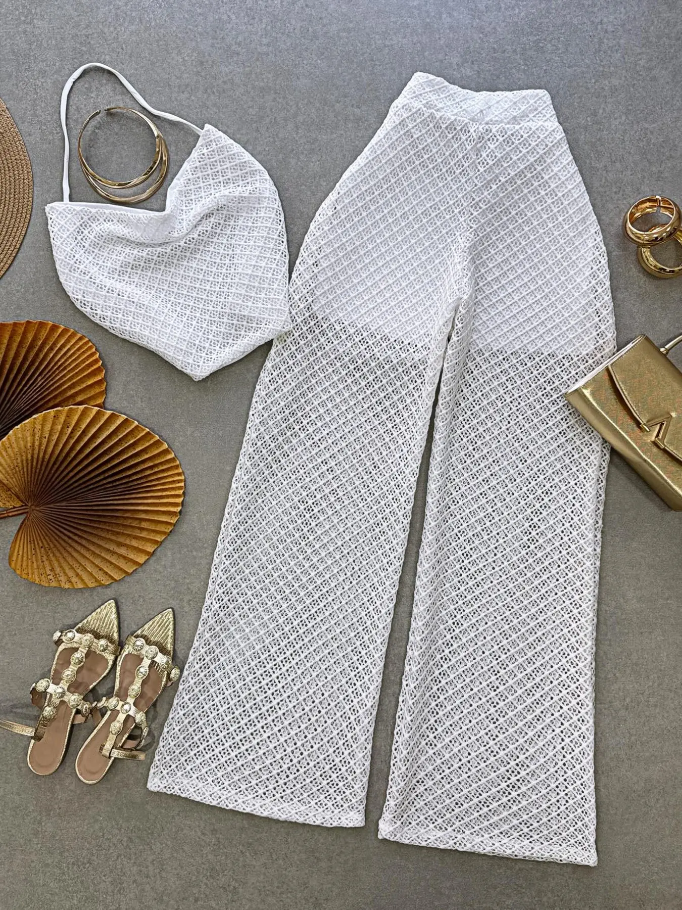 Summer Beach Set, Halter Neck Top & Mesh Leggings, Vacation Style Two-Piece Set, Perfect for Summer Photoshoots, Trendy Beachwear
