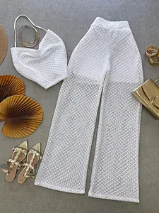 Summer Beach Set, Halter Neck Top & Mesh Leggings, Vacation Style Two-Piece Set, Perfect for Summer Photoshoots, Trendy Beachwear, Womenswear