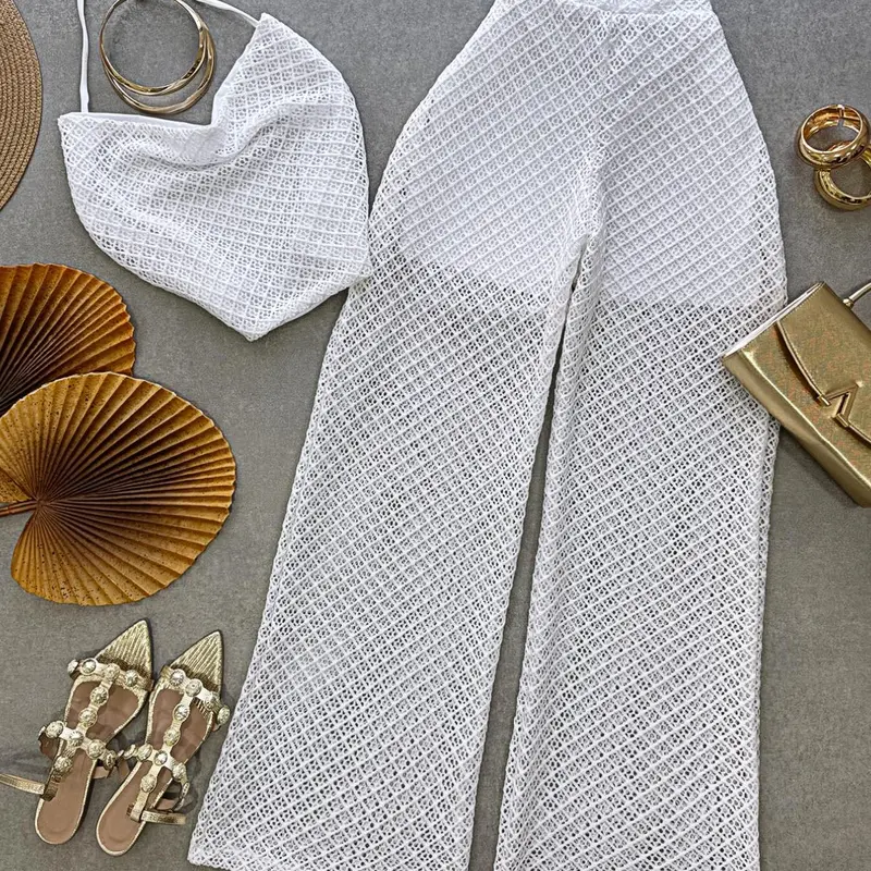 Summer Beach Set, Halter Neck Top & Mesh Leggings, Vacation Style Two-Piece Set, Perfect for Summer Photoshoots, Trendy Chic Beachwear Outfit, Summer Beach Suit