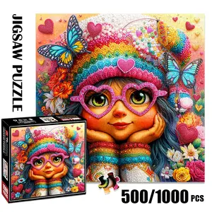 1pc 1000 piece adult puzzle 58x58cm Heart - shaped Glasses Girl with Rainbow Hat, Butterflies and Flowers 500 pieces paper jigsaw puzzle suitable for DIY creative games for adults and families, Crafts, bi