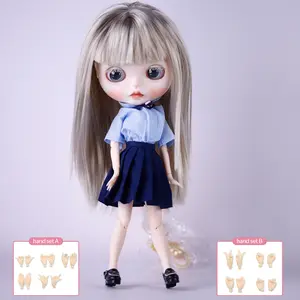 ICY DBS Blyth Doll 1/6 BJD silver hair straight hair student outfit custom hand carved eyebrows, lips, and face gift hand drawn makeup doll, isolated item ，just only one