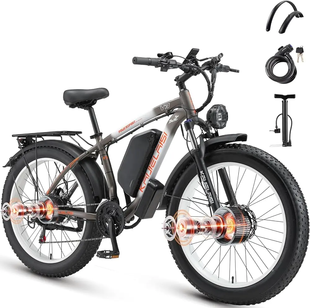 Adult AWD Electric Bike - 26” Fat Tire Dual Motor Ebike, 4000W Peak Power, 48V 22.4AH Removable Battery, Fast Dual Hydraulic Brakes, 21-Speed All Terrain E-Bicycle