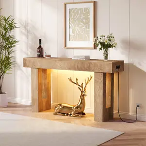 63 in Farmhouse Console Table with Charging Station & Human Sensor Light, Narrow Wooden Entryway Table Behind Sofa, Foyer Furniture for Hallway Living Room