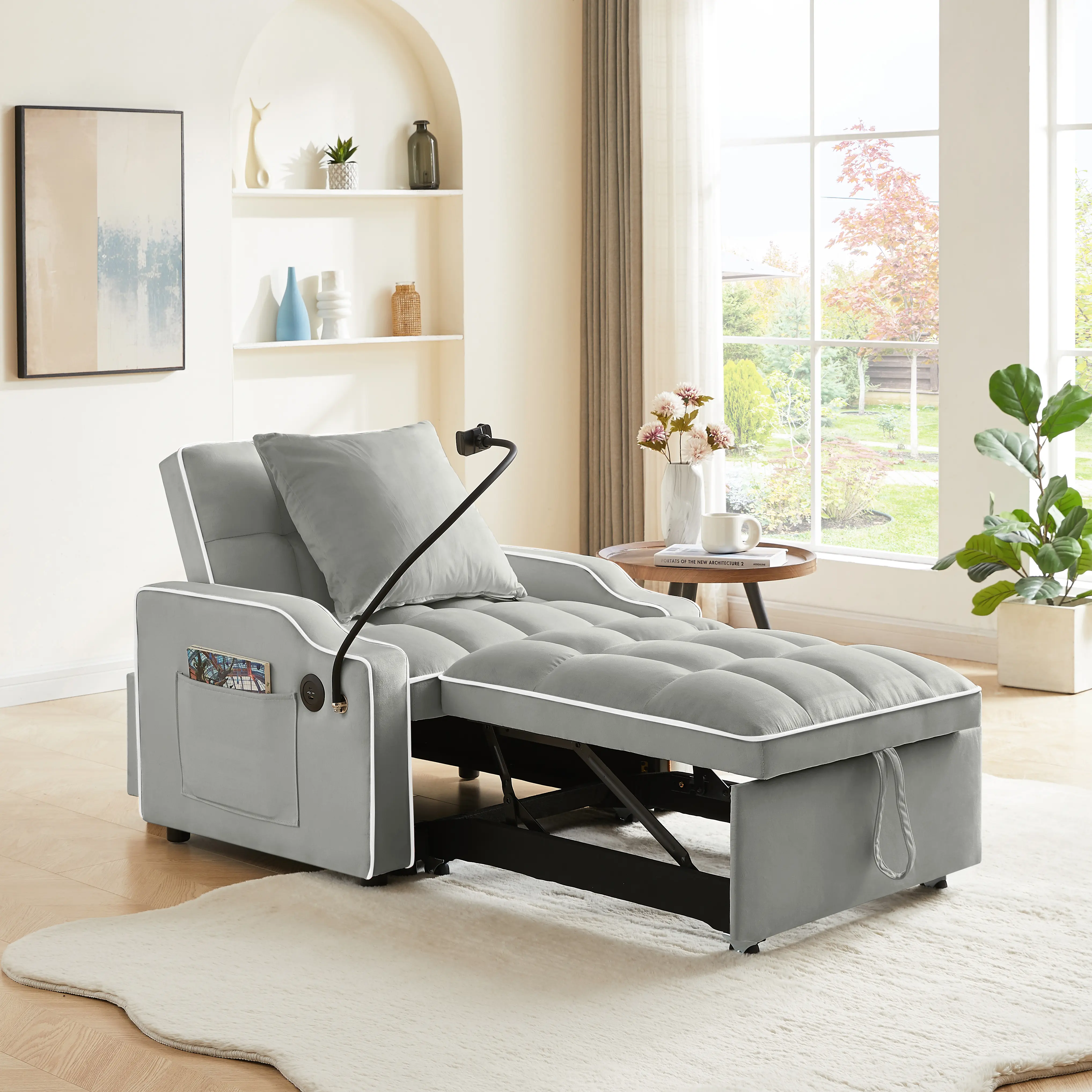 SAVEYOUR 3-in-1 Convertible Sleeper Sofa Chair Bed - Furniture Living Room, Adjustable Backrest, Phone Holder, USB Type-C Recliner for Bedroom Apartment, Gray Modern Sofas Cozy Comfy Loveseat