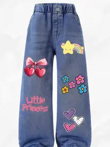 Women's Y2K Vintage Wide Leg Jeans, Cute Cartoon Print Design, Durable Fashionable Casual Pants for All Seasons, Perfect Gift for Girls