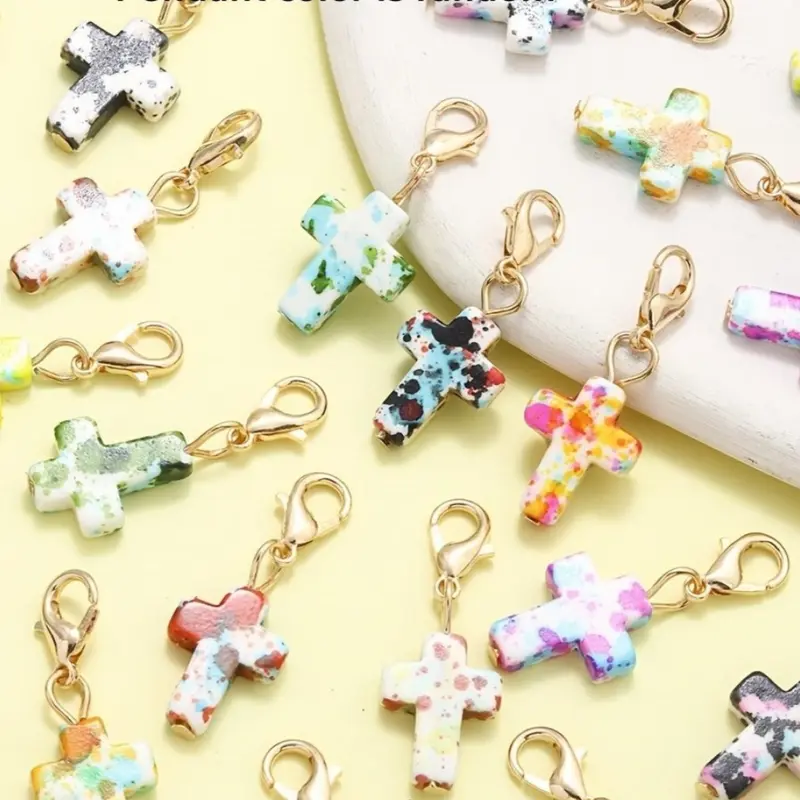 30-Piece Multicolor Resin Cross Charm Set with Lobster Clasps, Assorted Random Colors, DIY Pendants for Keychains, Jewelry Making, and Crafts