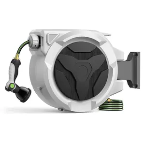 Retractable Hose Reel, 100 ft x 1/2 inch, 180° Swivel Bracket Wall-Mounted, Garden Water Hose Reel with 10 Pattern Nozzle, Auto Slow Rewind, Lock at Any Length, for Garden/Patio