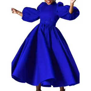 Plus Size Blue Elegant Dress for Women Full Sleeve Belt Waist Pleated Midi Formal Evening Wear for Birthday Party Wedding Dinner Winter Womenswear Basic Minimalist Elegance
