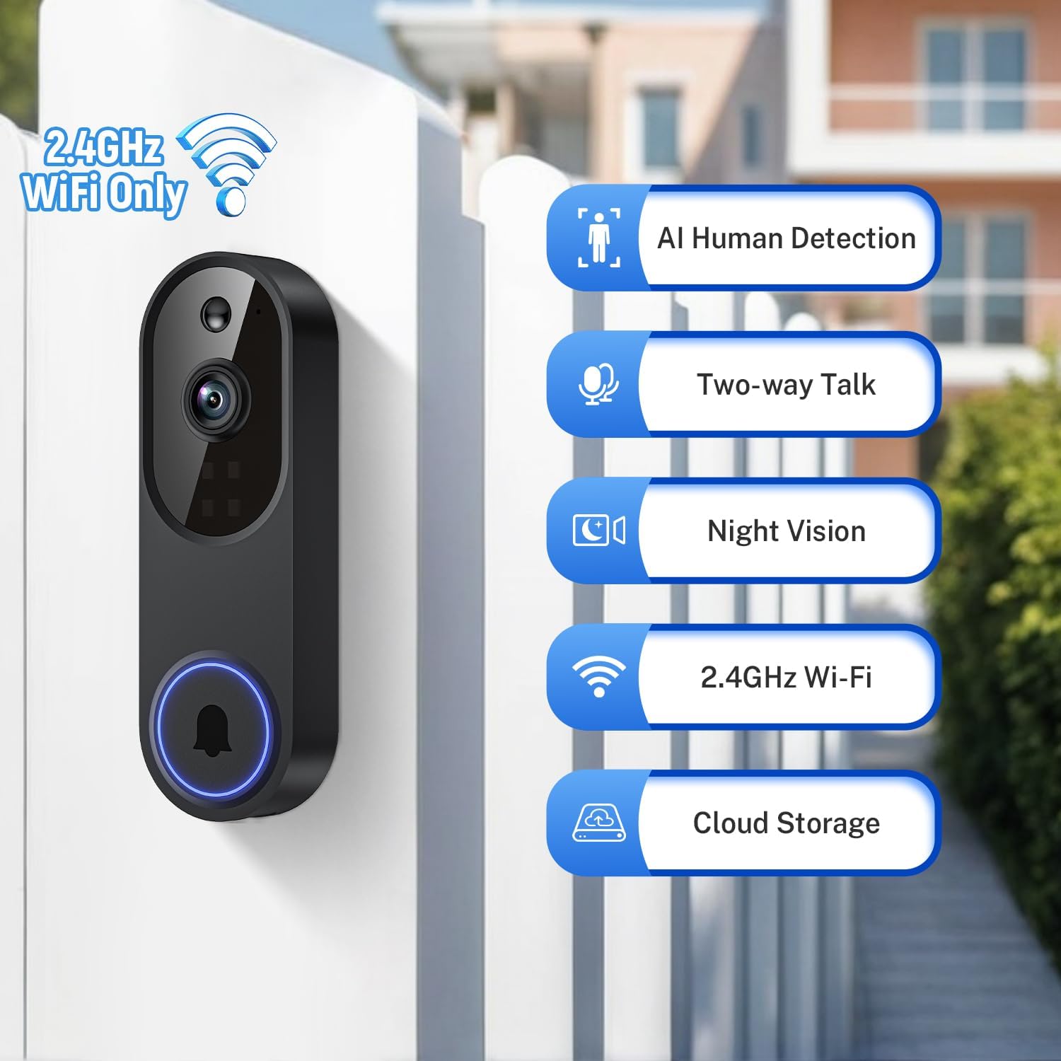 1080p Wireless Wi-Fi Video Doorbell Camera with Two Way Audio, Night Vision, Cloud Storage, Smart AI Motion Detection, Support 2.4GHz Wi-Fi only