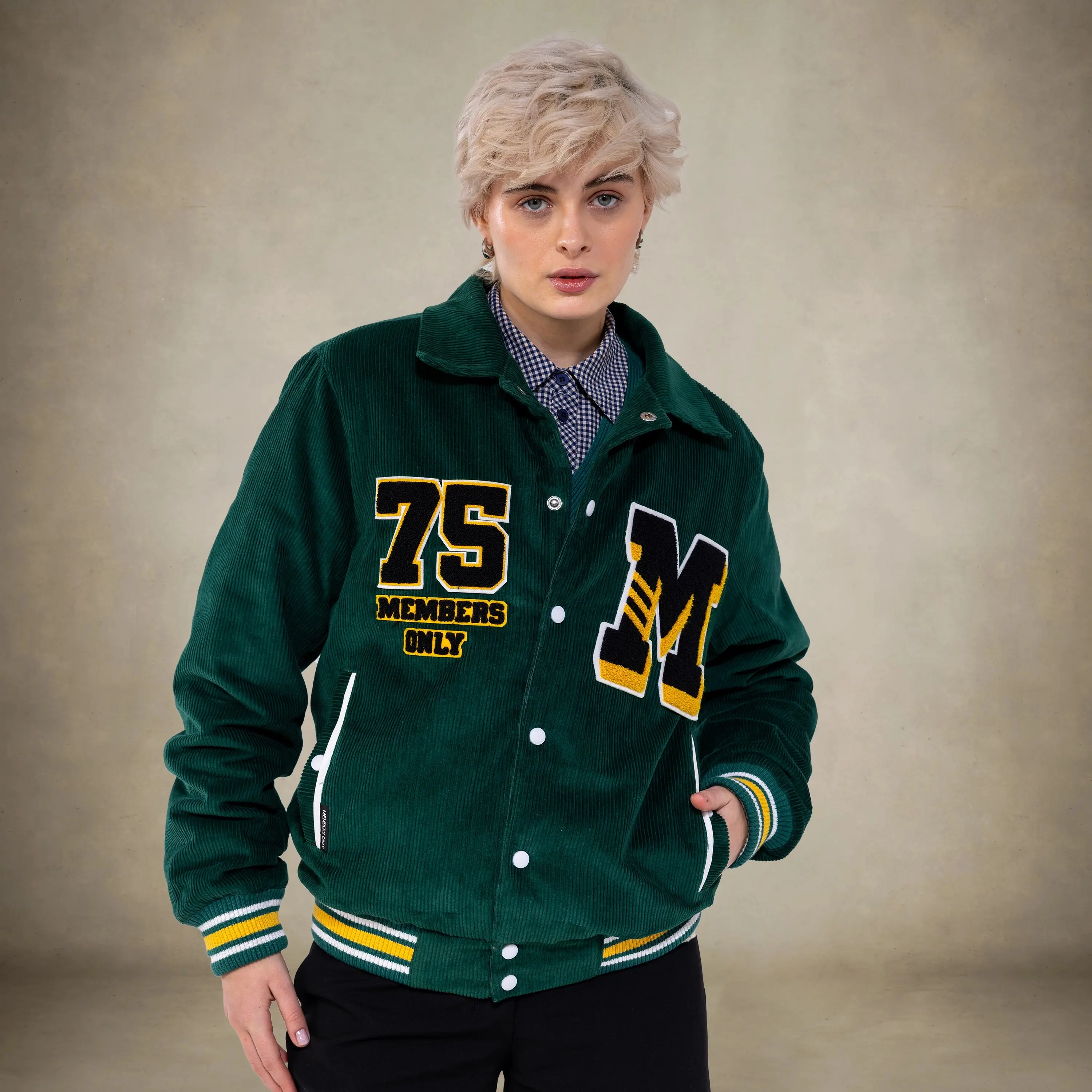 Women's Corduroy Varsity Jacket, Stripe Design Tops, Sporty Style, Functional Pocket, Premium Fabric, Coats, Long Sleeve, Casual, Knit