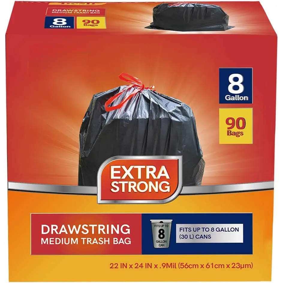 8 Gallon Black Drawstring Trash Bag Garbage Bag Trash Can Liner,0.9 Mil,90 Counts