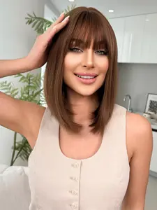14 Inch Short Straight Bob Wig with Bangs, Gorgeous Fluffy Wigs for Women, Synthetic Full Machine Wigs for Party, Daily Use, Natural Straight Wig, Straight Wear Wigs
