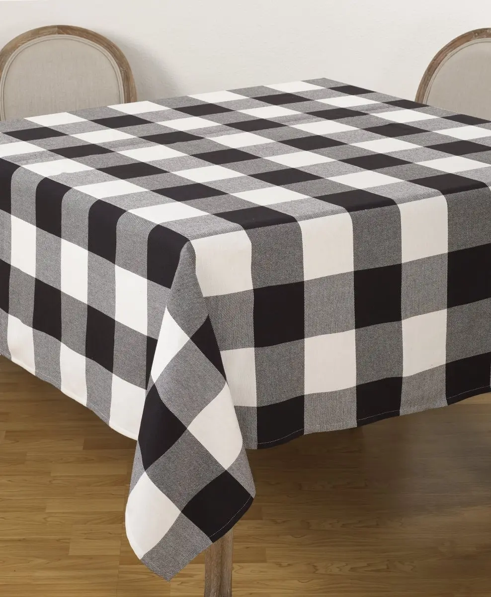 SARO 70 in. Square Buffalo Plaid Check Pattern Design Cotton Tablecloth Black