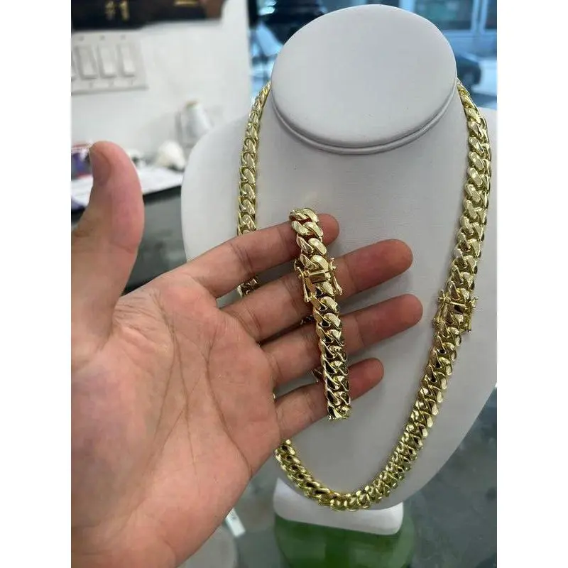 Unisex 14 Vacuum-Gold Plated Hip Hop Jewelry Set - Miami Cuban, Monaco, Mexico, Micro Promise Link Chain Necklace & Bracelet, Daily Wear Accessory, Ideal Gift for Partners on Valentine’s Day, Birthdays, Miami Cuban Chain, Metal Plated, Chain & Link