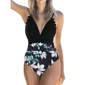 High Waist Swimwear Women One Piece Swimsuit Sexy V-Neck Push Up Halter Scallop Trim Bathing Suit Beachwear Brazilian Monokini