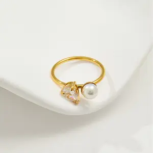 Pearl and water drop diamond ring, thin band, light luxury, everyday versatile titanium steel ring promise Ring gf