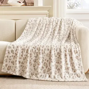 Cream Leopard Print Fuzzy Throw Blanket | Soft Muted Leopard Plush Blanket, 1 Count Cozy Lightweight All-Season Blanket, Warm Nap Blanket for Couch Sofa Bedroom Living Room, Cream Home Decor Throw