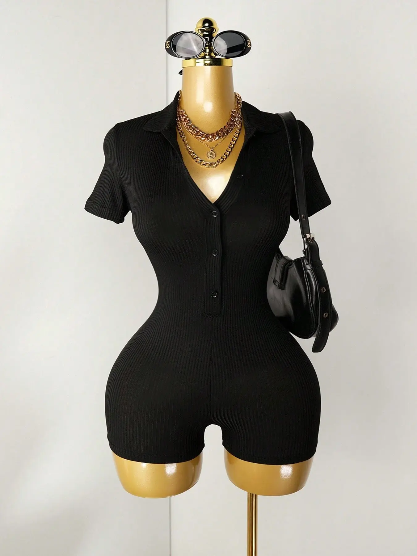 1 Collared Button Down Romper Women | Ribbed Knit Bodycon Fitted Short Sleeve Casual Comfy Jumpsuit | Y2K Baddie Streetwear Casual Wear  | Casual Lounge Daily Outfit