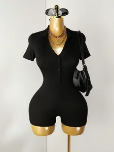 1 Collared Button Down Romper Women | Ribbed Knit Bodycon Fitted Short Sleeve Casual Comfy Jumpsuit | Y2K Baddie Streetwear Casual Wear  | Casual Lounge Daily Outfit