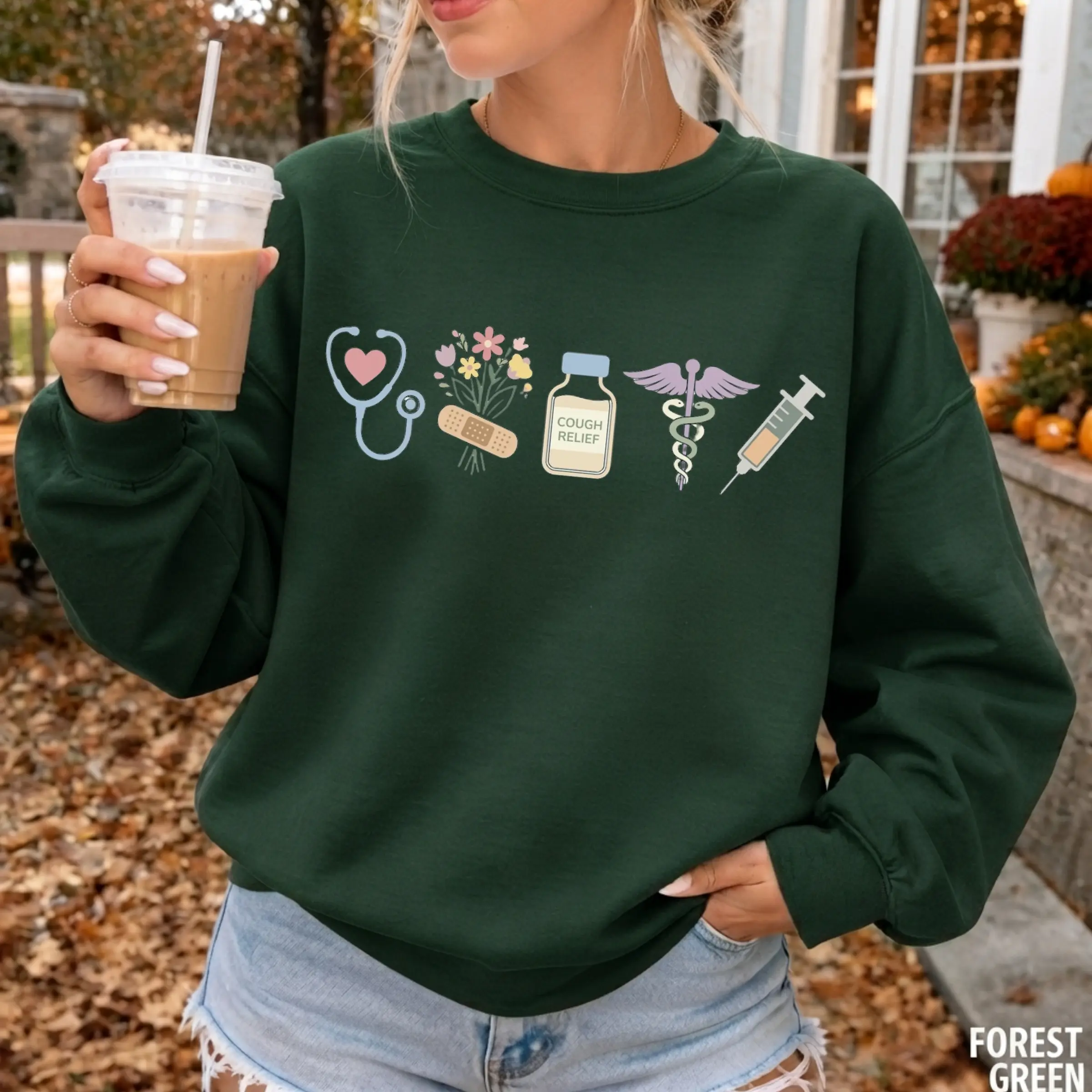 Nurse Sweatshirt, Cute Medical Graphic Crewneck, Stethoscope Syringe Floral Healthcare Sweatshirt, RN CNA Nurse Week Gift for Women - By Thanya LLC