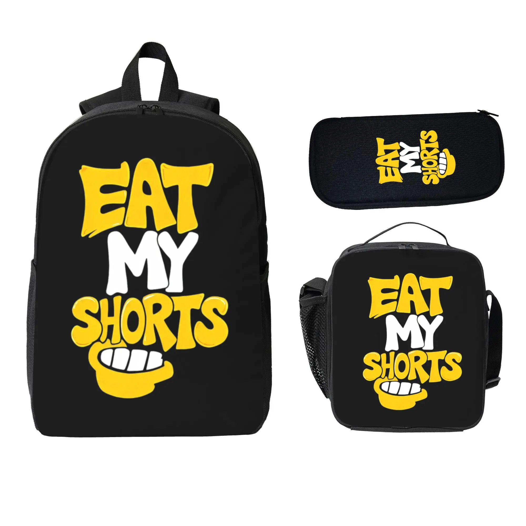 Universal 3 In 1 Eat My Shorts Retro Bubble Graffiti Grin Mouth Backpack Set For Elementary Middle School Teen Boys Girls Funny 90s Nostalgia Cartoon Quote Lovers, Lightweight Water Resistant Polyester Vintage Street Aesthetic School Backpack