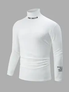 Men's High Neck Long Sleeve T-Shirt, the Dream Letter Print, Slim Fit Comfortable, Daily Commute Layering, Trendy Men's Basic Tee, Fitted