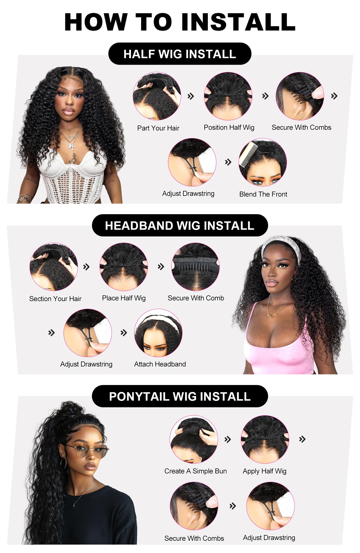3 IN 1 Half Wig Seamless Flip Over Human Hair 180% Density Glueless Afro Curly Wear and Go Wig Drawstring Headband Wig for Black Women