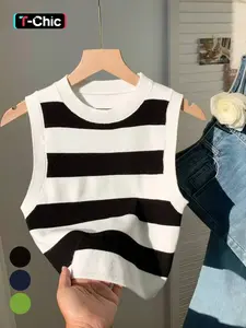 Women's Striped Print Crew Neck  Sweater Vest, Casual Sleeveless Round Neck Knitwear for Daily Wear, Ladies Clothes for All Seasons, Vest Tops, Knitted Vest