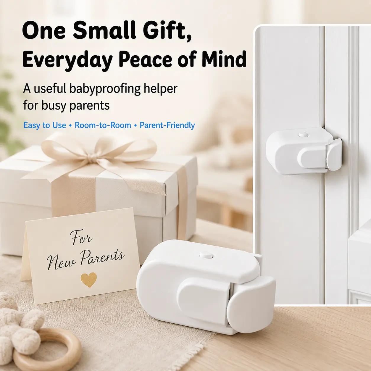 Holiday Party Gift for Family Homes, Snap-On Interior Door Lock, No Adhesive Door Handle Safety Device for Knobs, Levers, Closets, Bathrooms & Bedrooms